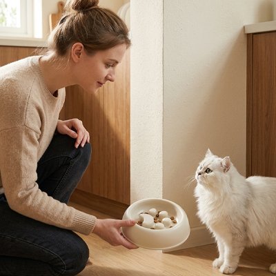 Dame qui donne la Gamelle anti glouton Chat à son chat blanc