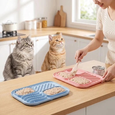 Deux chats qui attendent de manger sur les tapis de léchage chat bleu et rose