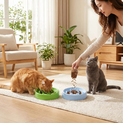 Deux Chats qui mangent dans gamelle pour chat anti glouton FeliFlow, vert et bleu.
