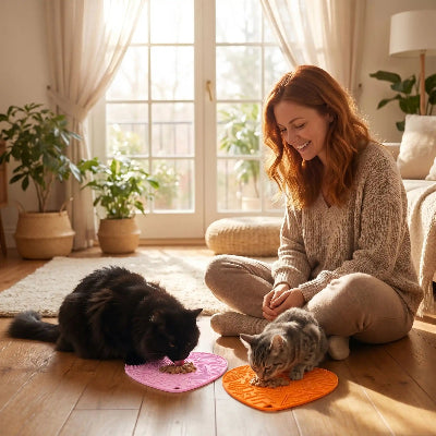 deux chats qui mangent sur leur tapis de léchage pour chat Lovefood