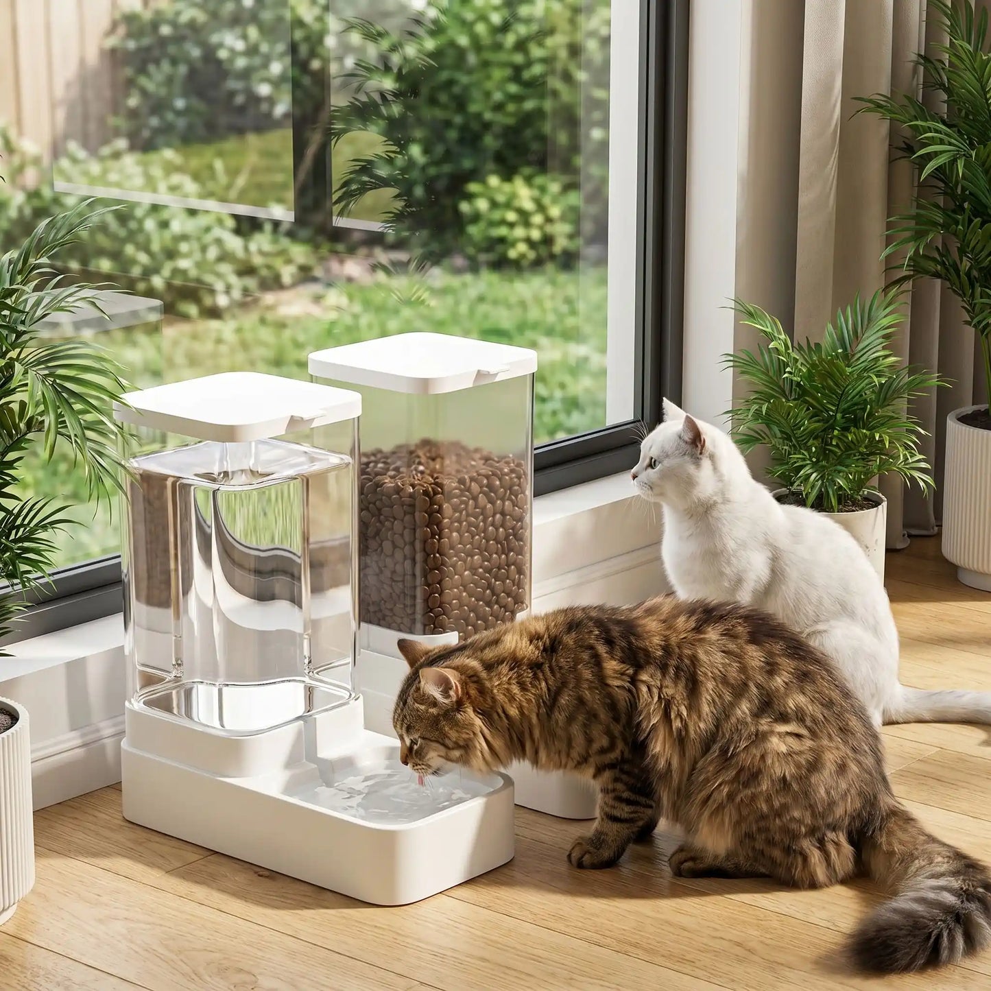 Deux chats et le distributeur de croquettes pour chat Auto7days