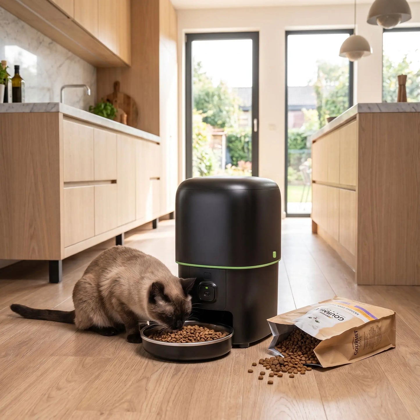 distributeur automatique croquettes chat feedmaster dans cuisine