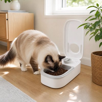 Distributeur automatique croquettes Chat ouvert sous fenêtre