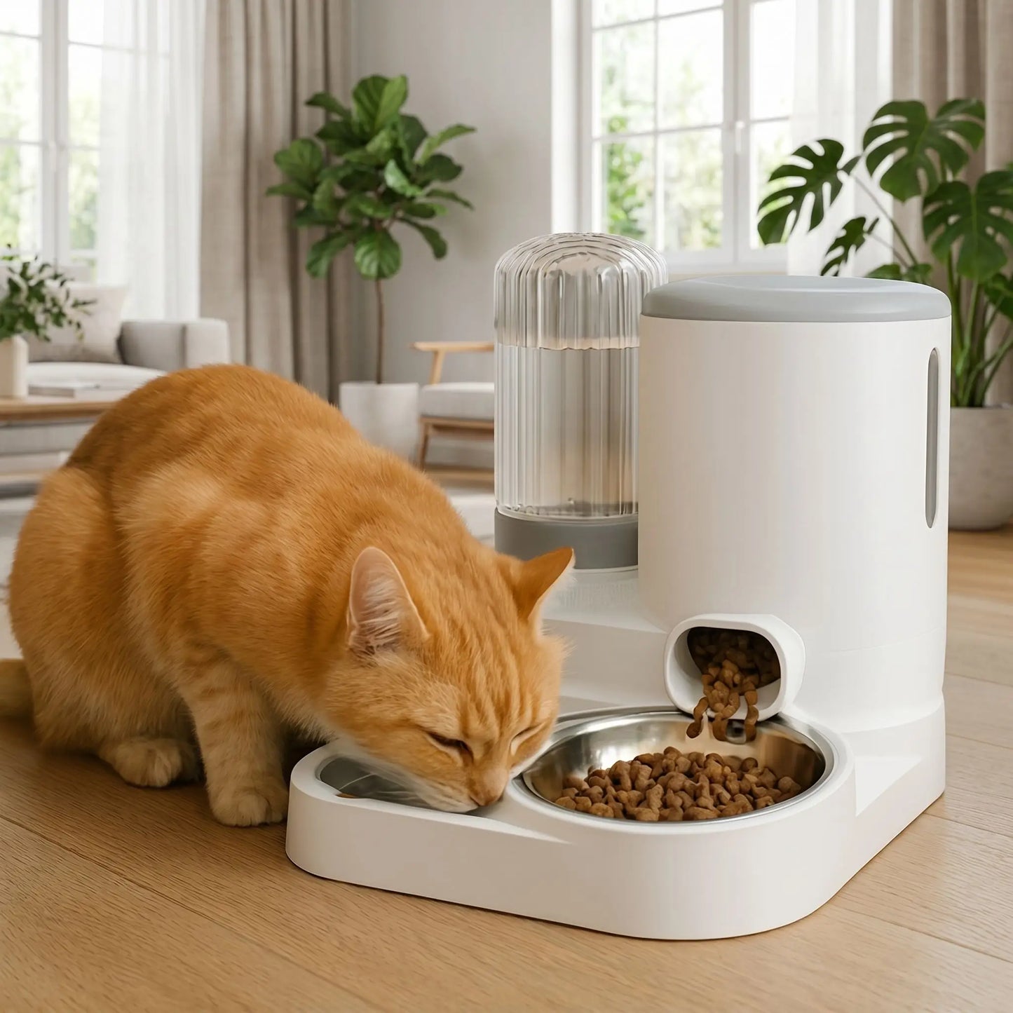 Distributeur de croquettes pour chat foodfeline dans salon lumineux