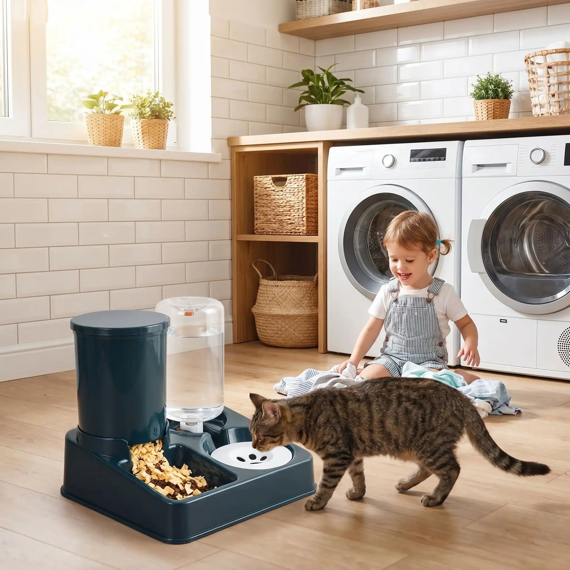  distributeur de croquettes pour chat Mixfoodcat avec chat et enfants en arrière plan