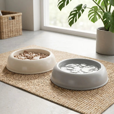 gamelle anti glouton chat PawFit, grise et beige sur le tapis en Jonc