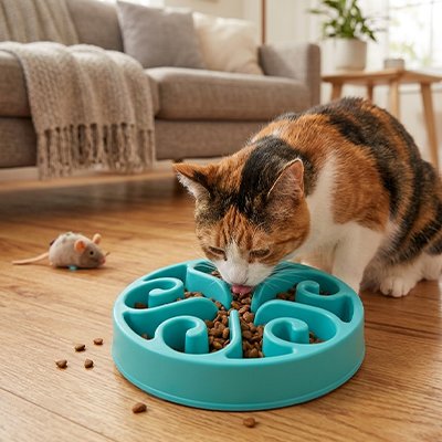 Gamelle anti glouton Chat bleue turquoise