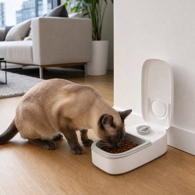 siamois qui mange dans Distributeur automatique croquettes Chat